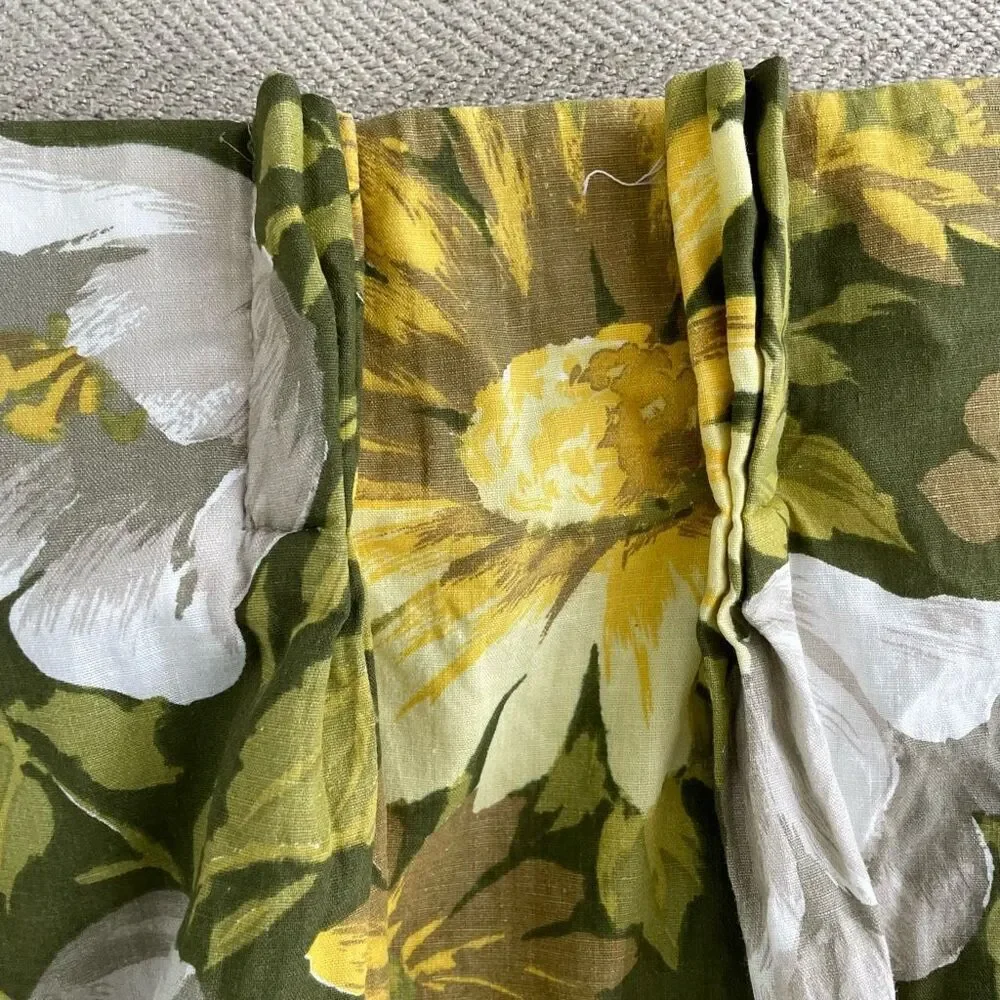 Vintage 60s Green Yellow White Floral Pinch Pleat Curtain Panel 42 x 43.5